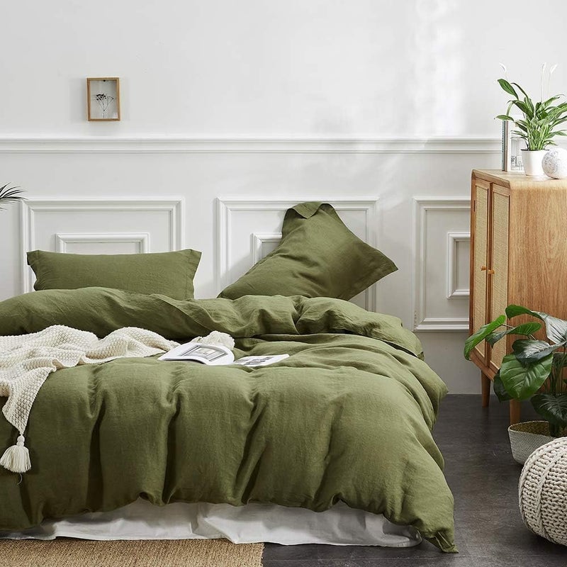 Simple&Opulence 100% Linen Duvet Cover Set, 3 PCS Natural French Flax Olive Green Duvet Cover King Size, Breathable Soft Comfy Linen Bedding Comforter Cover with 2 Pillowcases(Olive Green, 104"x92") - Image 1